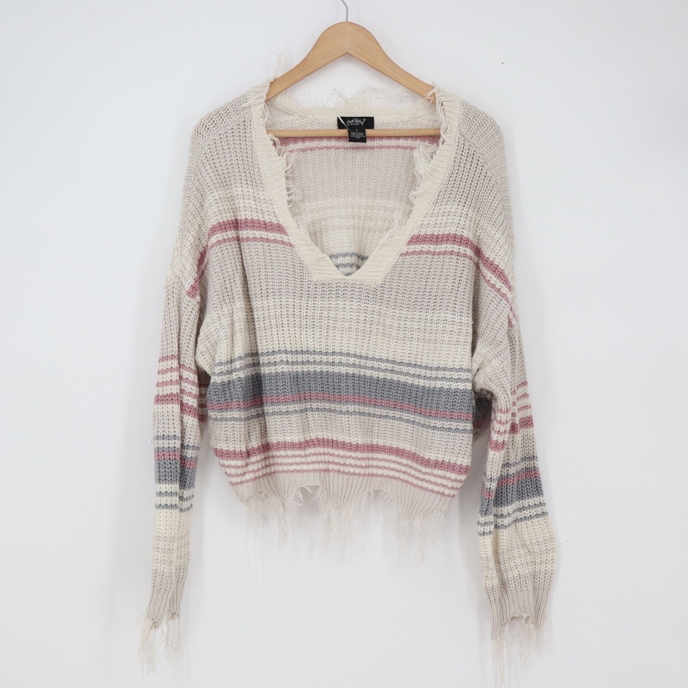 Just Polly Sweater Womens L Distressed V-Neck Cream Pink Striped Grunge Exc